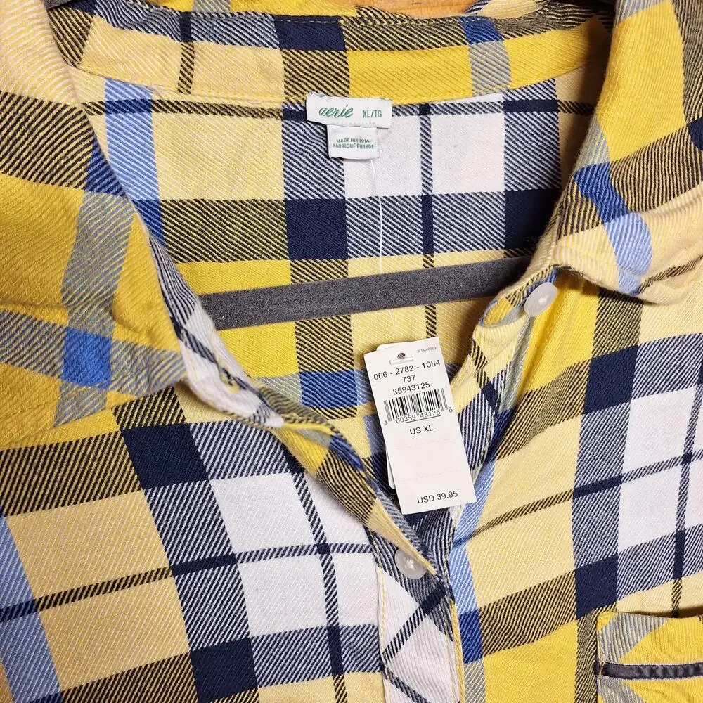 Aerie NEW Plaid women's pajama set yellow blue shorts long sleeve top XL sleep